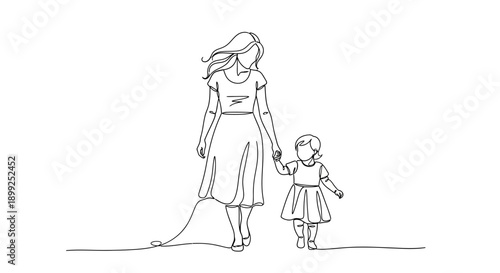 A mother and her young daughter are walking hand-in-hand, depicted in a minimalist continuous line art style.
