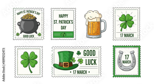 A collection of six St. Patrick's Day themed postage stamps featuring shamrocks, a pot of gold, a beer mug, a leprechaun hat, and a horseshoe.