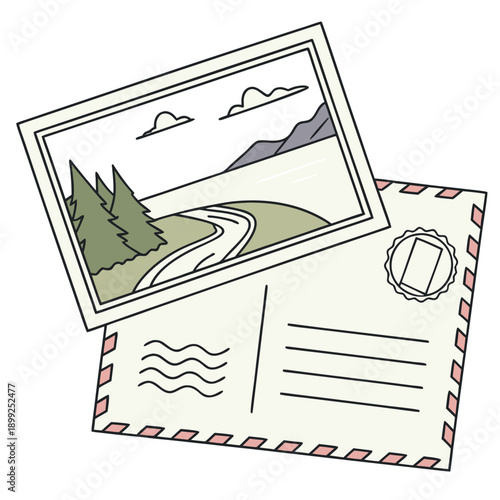 A scenic postcard featuring a picturesque mountain landscape with a stamp and postmark.