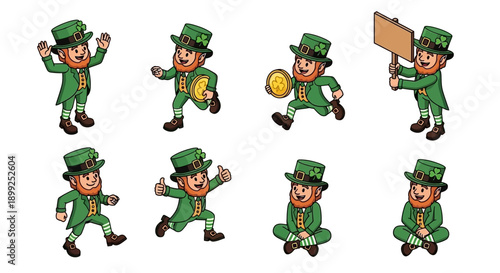 A collection of cartoon leprechaun characters in various poses and actions, including running with gold coins.