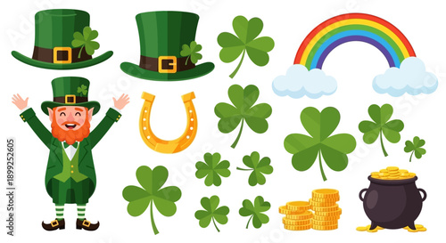 St. Patrick's Day celebration elements with leprechaun, shamrocks, rainbow, and pot of gold.