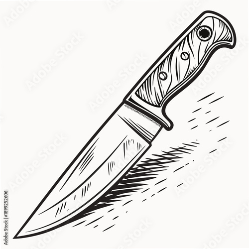A detailed illustration of a knife with a wooden handle and a sharp blade