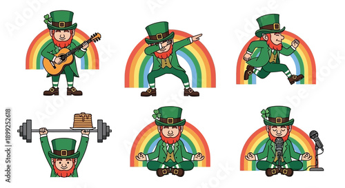 A collection of six cartoon leprechauns performing different activities like playing guitar, dabbing, running, weightlifting, meditating, and singing, each with a rainbow background.