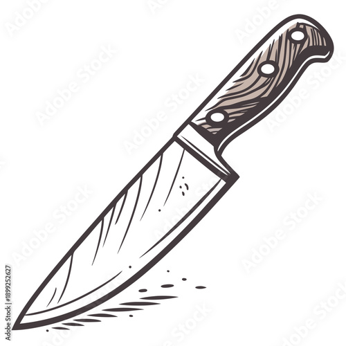 A detailed illustration of a knife with a wooden handle and a sharp blade