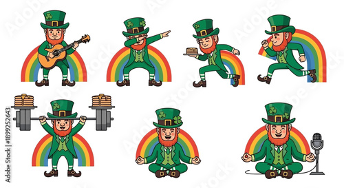 A vibrant collection of cartoon leprechauns showcasing various hobbies and leisure activities with rainbows.