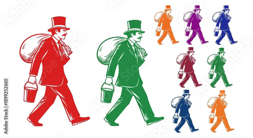 Vintage illustration of a man in a top hat and suit, carrying a sack and a bucket, presented in various solid colors.