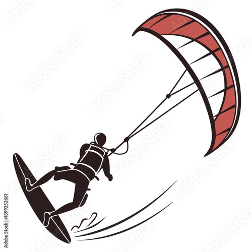 A person kiteboarding on a sunny day with a red and white kite in the sky