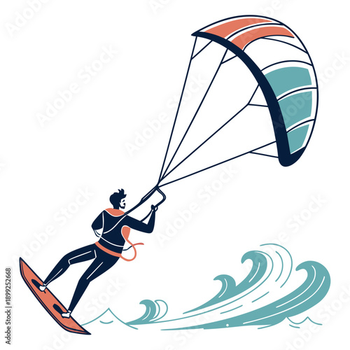 A person kitesurfing on a sunny day with a colorful kite and waves in the background