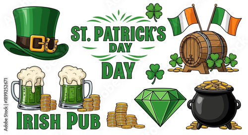 A vibrant collection of St. Patrick's Day themed illustrations, including a leprechaun hat, Irish flags, a barrel, shamrocks, green beer mugs, gold coins in a pot, and a large green diamond.