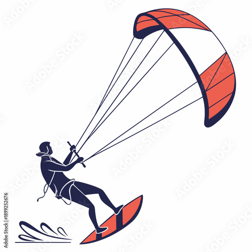 An individual kiteboarding on a sunny day with a red and white kite.