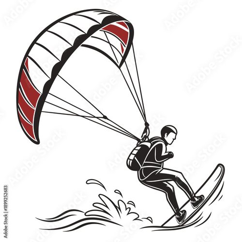 A person is kiteboarding in the ocean with a large kite overhead.