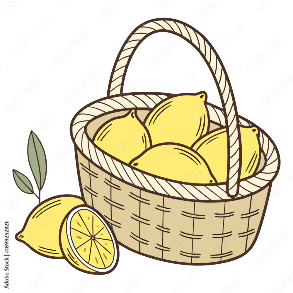 Fototapeta premium A wicker basket filled with lemons and lemon slices on a white background
