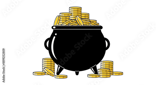 A black pot overflowing with shiny gold coins, symbolizing wealth and treasure, with stacks of coins around its base on a white background.