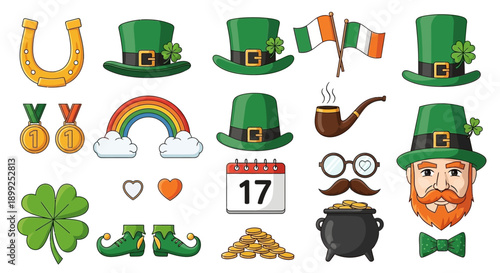 A collection of St. Patrick's Day themed icons and symbols including leprechaun hats, shamrocks, a pot of gold, rainbow, and Irish flags.