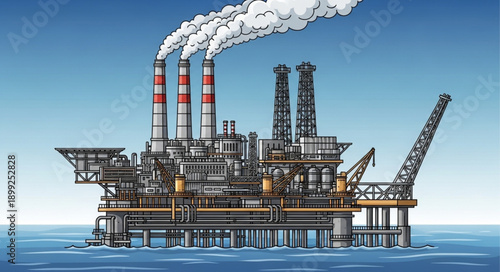 Offshore oil rig platform with smoke stacks emitting steam into the sky.