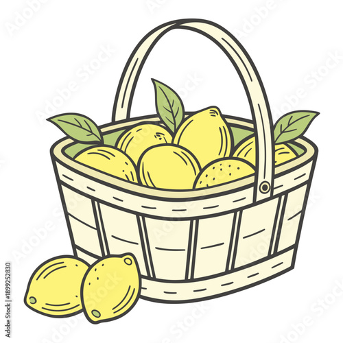 A wicker basket filled with ripe lemons and a few scattered on the table.