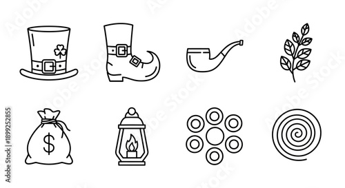 Line art icons representing St. Patrick's Day and Irish culture, including a leprechaun hat, boot, pipe, money bag, and Celtic symbols.