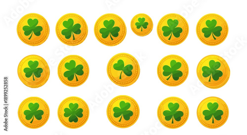 A collection of golden coins, each adorned with a vibrant green shamrock, symbolizing luck and St. Patrick's Day.