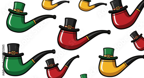 A repeating pattern of colorful smoking pipes with small black top hats, celebrating St. Patrick's Day.