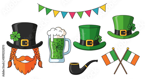 A vibrant collection of St. Patrick's Day themed items, including leprechaun hats, green beer, Irish flags, and festive decorations.