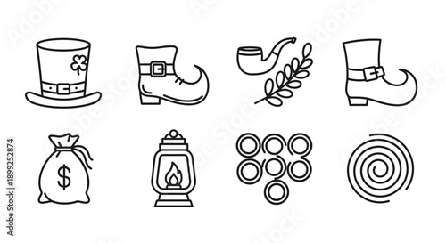 Collection of St. Patrick's Day line art icons featuring a leprechaun hat, boots, pipe, money bag, and coins.