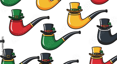 Seamless pattern of colorful cartoon smoking pipes with leprechaun hats and shamrocks, celebrating St. Patrick's Day.