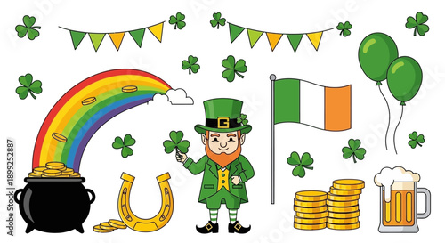 St. Patrick's Day celebration elements with leprechaun, rainbow, pot of gold, shamrocks, Irish flag, and beer mug.