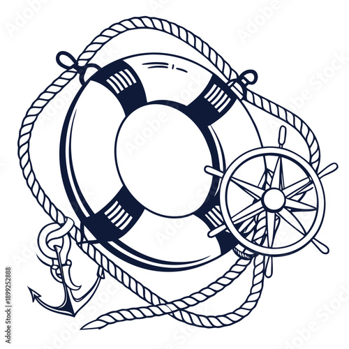 A vintage nautical rope and life preserver illustration with an anchor and compass
