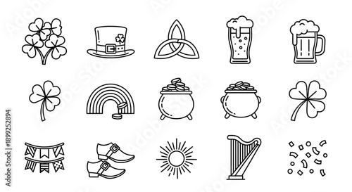 A collection of black and white line art icons representing St. Patrick's Day symbols including shamrocks, leprechaun hat, beer, pot of gold, rainbow, and harp.