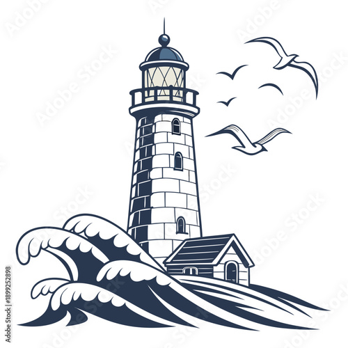 A dramatic black and white illustration of a lighthouse standing tall against crashing waves