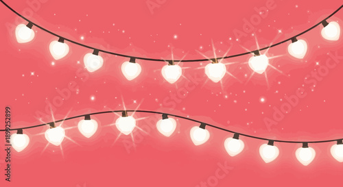Two elegant strings of glowing heart-shaped lights on a vibrant pink background with subtle sparkling effects.