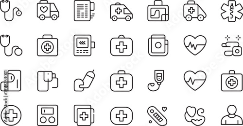 Collection of medical icons representing healthcare services and equipment