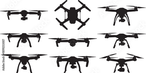 Nine Black Silhouettes of Drones in Various Angles and Configurations on a White Background quadcopter