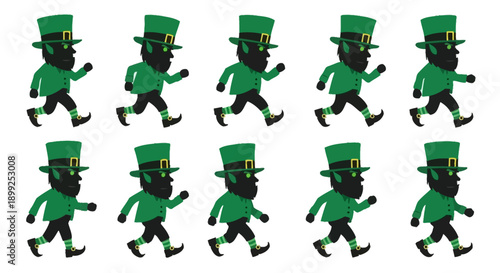 A cartoon leprechaun character sprite sheet showing a walking or running animation sequence in ten frames.