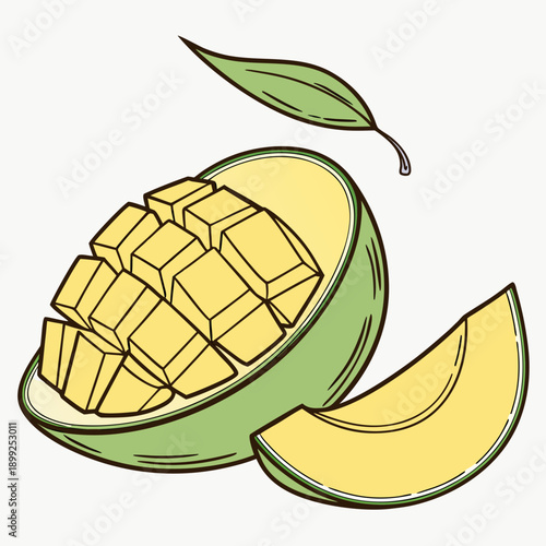 A vibrant illustration of a sliced mango with a leaf on top.