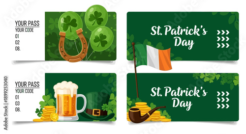 Four St. Patrick's Day themed tickets or banners featuring shamrocks, Irish flag, beer, leprechaun hat, horseshoe, pipe, and gold coins on a green background.