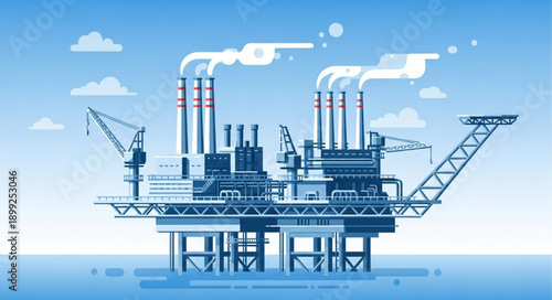 Offshore oil rig platform with smoking chimneys in the ocean under a blue sky with clouds.