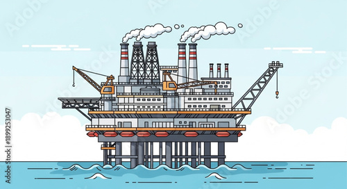 Offshore oil rig platform with smoking chimneys in the ocean.