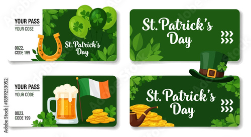 Four St. Patrick's Day themed passes or tickets with various Irish symbols and green decorations.