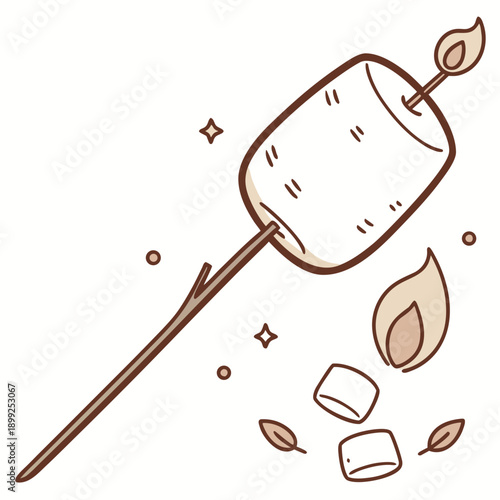A charming illustration of a marshmallow stick with roasted marshmallows on a campfire.