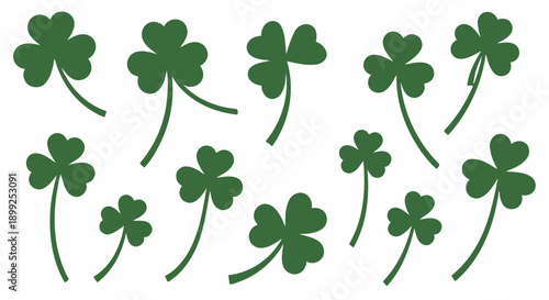 A collection of various green shamrock and three-leaf clover designs, perfect for St. Patrick's Day or Irish themes.