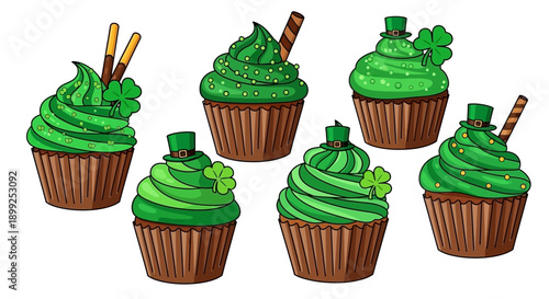 Six festive St. Patrick's Day cupcakes with vibrant green frosting and various decorations including shamrocks and leprechaun hats.
