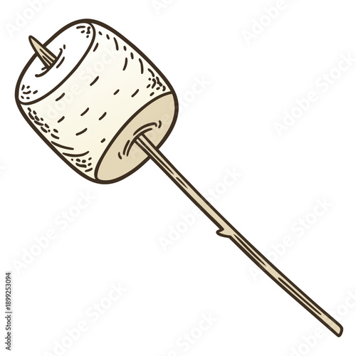 A delicious marshmallow roasting on a metal stick over a campfire