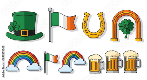 A collection of St. Patrick's Day themed icons including a leprechaun hat, Irish flags, horseshoe, rainbows, and mugs of beer.