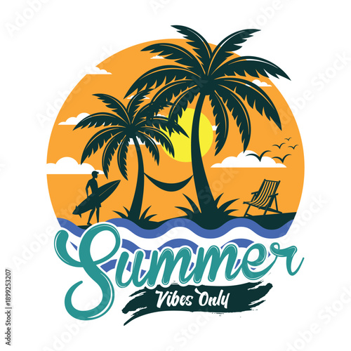 Wallpaper Mural Summer vibes only serene beach scene with palm trees and surfer Torontodigital.ca