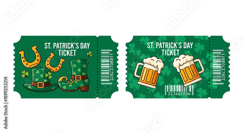 Two green St. Patrick's Day tickets featuring leprechaun hat, boots, horseshoes, beer mugs, and shamrocks on a white background.