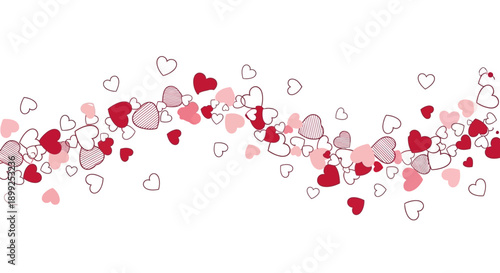 A flowing wave of red, pink, and outlined hearts on a white background, symbolizing love and romance for celebrations.