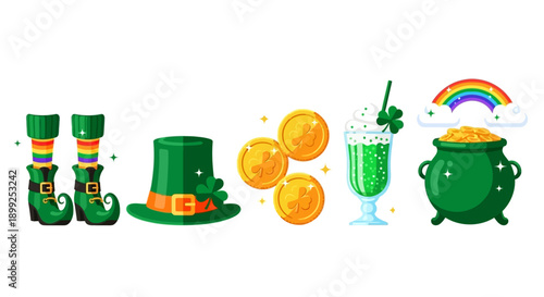 Collection of St. Patrick's Day symbols including leprechaun boots, hat, gold coins, green drink, and pot of gold with rainbow.