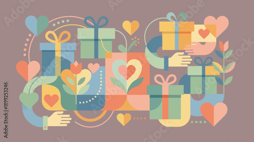 Colorful gifts and hearts exchange hands in joyful celebration