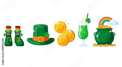 A collection of St. Patrick's Day themed items including leprechaun shoes, a green hat, gold coins, a festive drink, and a pot of gold with a rainbow.